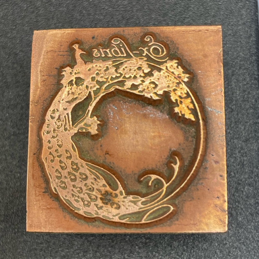 Vintage Typeset Engraved on Copper, "Ex Libris'," with Beautiful Peacock